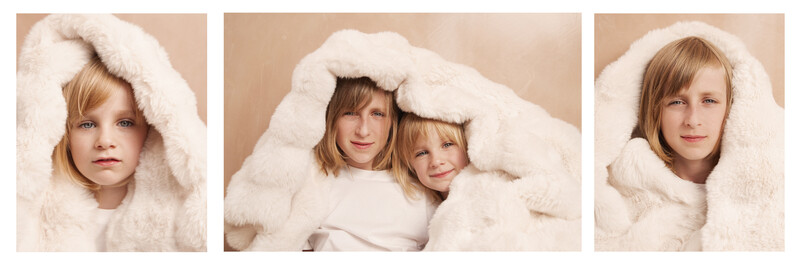 Three portraits of children wrapped in cream-colored faux fur fabric against a neutral background.