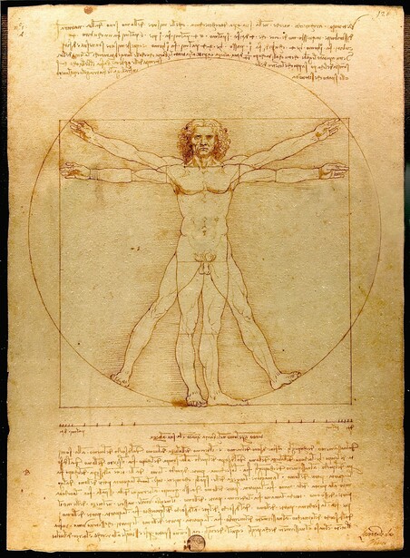 Illustration of human figure with outstretched arms and legs inscribed within geometric circle and square.