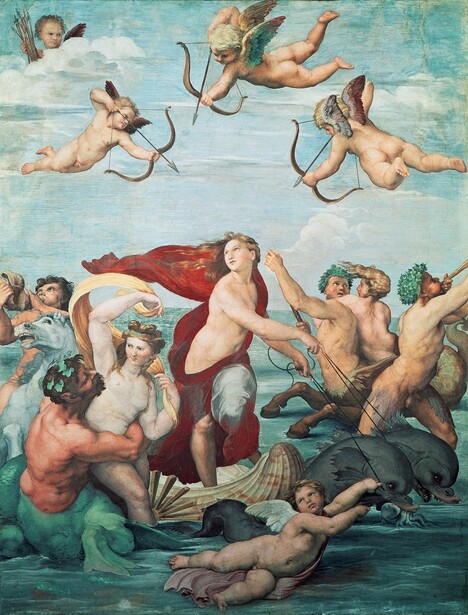 Renaissance fresco depicting numerous nude and semi-nude figures arranged in a dynamic composition across earth and water.
