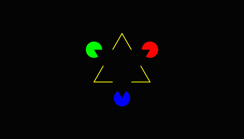 Illustration of a yellow triangle with green, red, and blue circular shapes positioned around it.