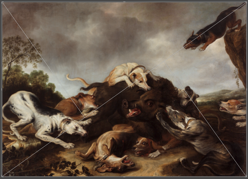Painting of hunting dogs attacking a wild boar in a dramatic landscape with stormy sky.