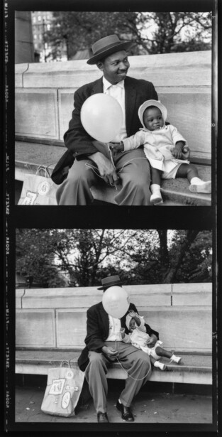 Two black and white contact sheet frames showing a man in a hat and suit holding a doll on a bench.