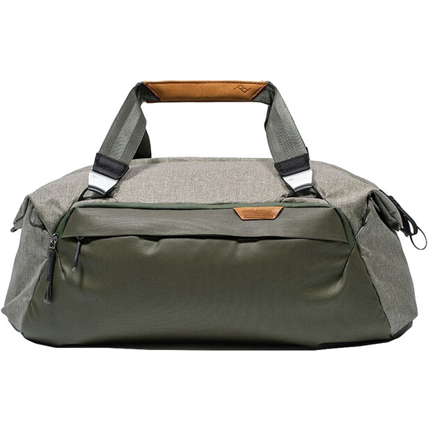 Gray and olive two-tone camera bag with padded handles and front zip pocket.