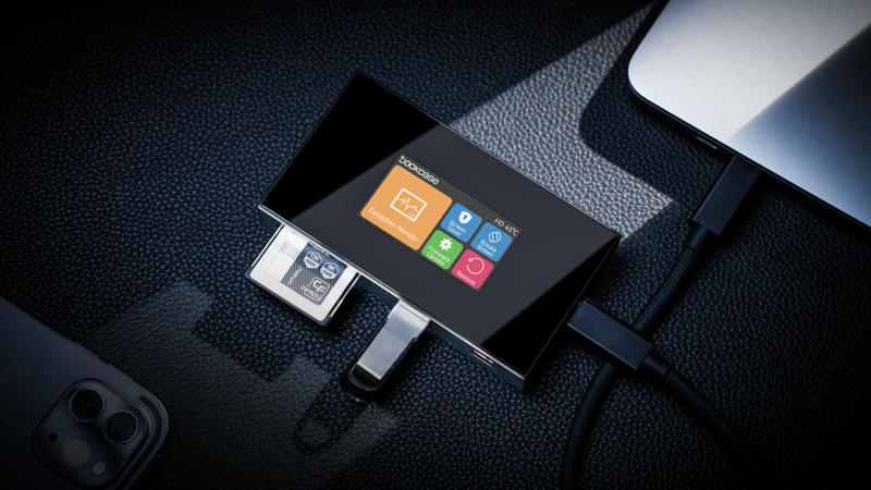 Portable payment terminal with colorful app icons displayed on screen, surrounded by card readers and mobile devices on dark textured surface.