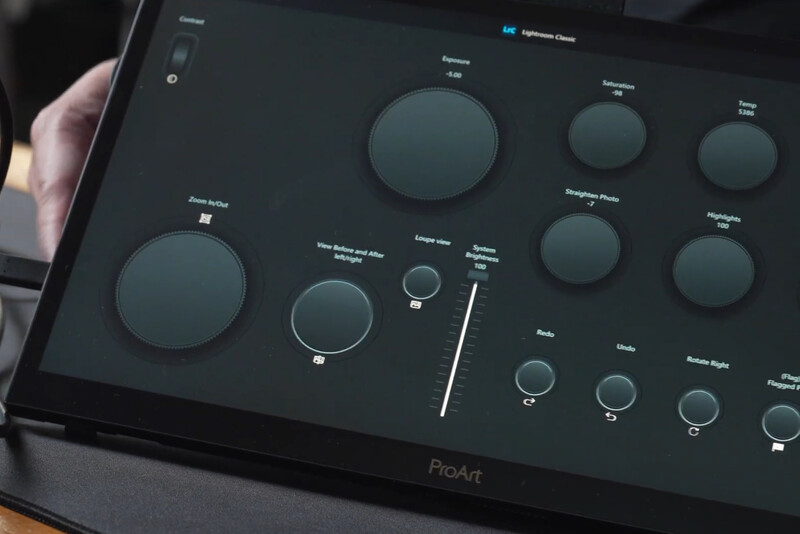 Screenshot of ProArt control panel interface displaying various circular knobs and sliders on a dark touchscreen display.