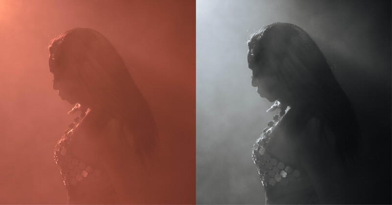 Silhouetted profile of a woman with long hair lit by warm and cool side lighting, shown in split warm and cool color graded versions.