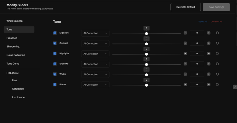Screenshot of photo editing software showing tone adjustment sliders for exposure, contrast, highlights, shadows, whites, and blacks.