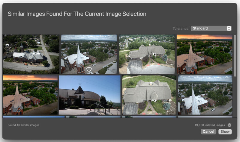 Screenshot of an image search interface displaying 16 aerial photographs of church buildings with steeples.