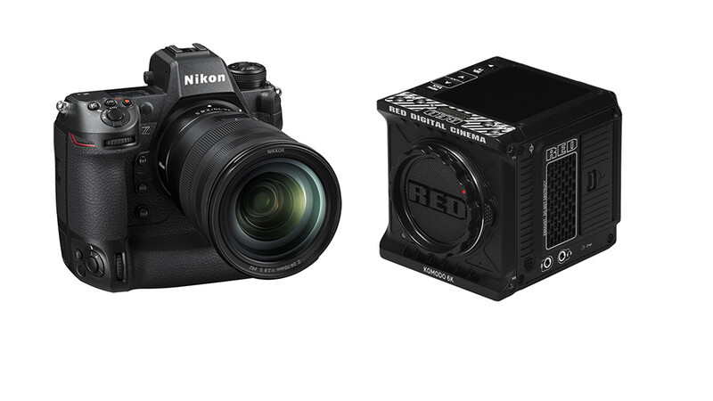 Nikon Z9 DSLR camera with telephoto lens next to RED Komodo digital cinema camera.