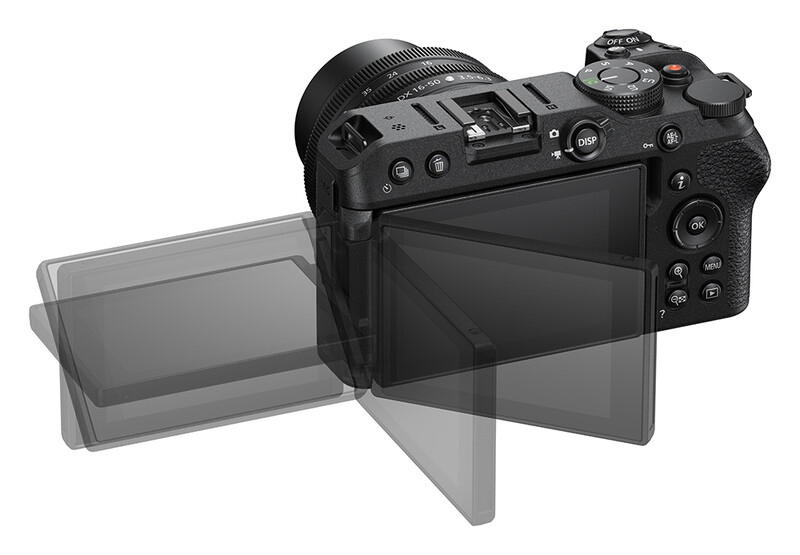 Illustration of a mirrorless camera with articulating touchscreen display extended at an angle.