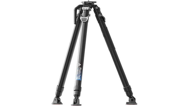 Professional tripod with three extended legs and adjustable head, shown against white background.