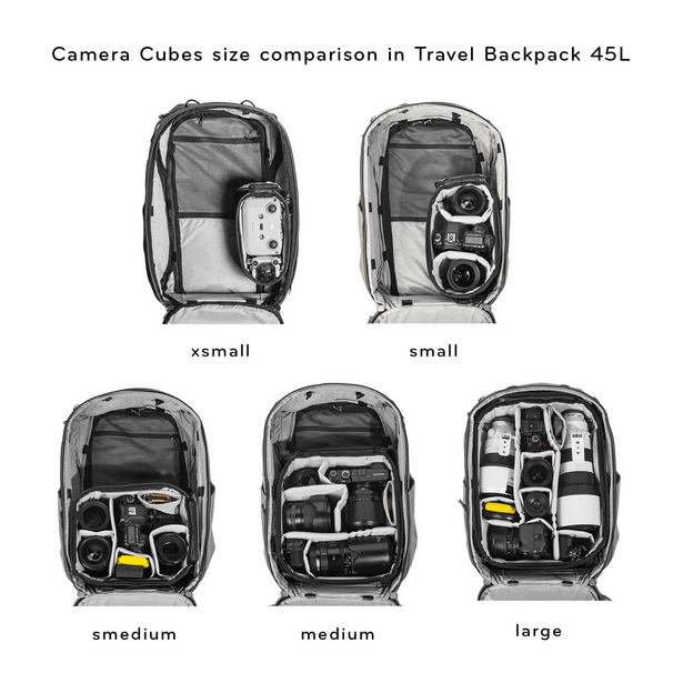 Graphic showing five camera cube sizes in a 45L travel backpack, labeled xsmall through large.