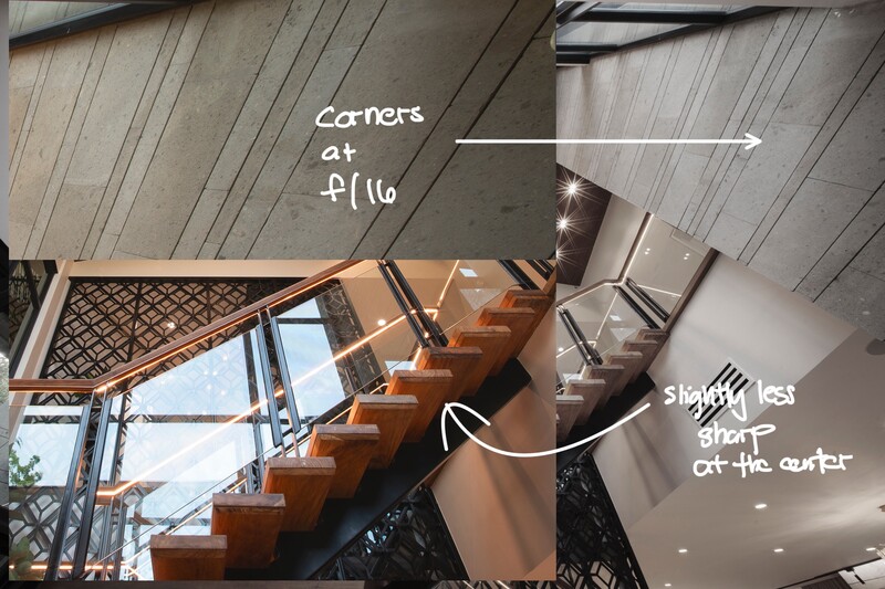 Overhead view of a modern staircase with annotated measurements and lighting notes for photography reference.