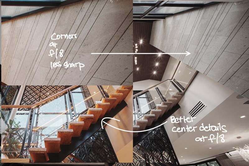 Architectural interior photograph with annotated lighting and design details overlaid in white text.