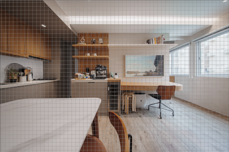 3D interior rendering of a modern studio apartment with wood cabinetry, white tiles, and work desk by windows.