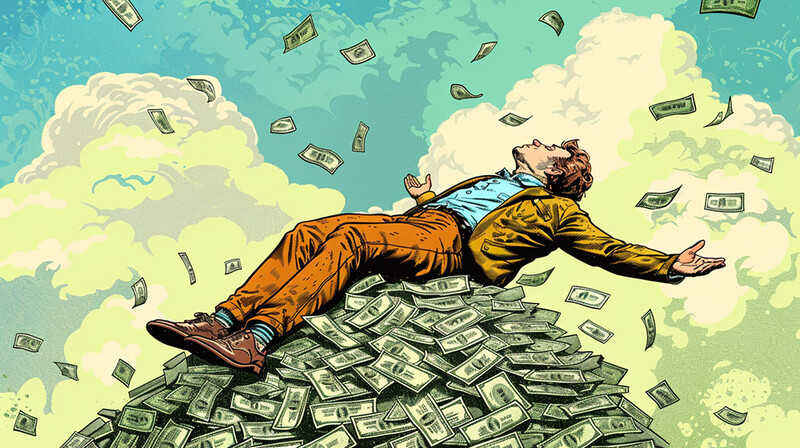 Illustration of a man in a brown suit reclining on a pile of cash with money floating in the sky above.