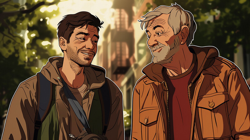 Illustration of two men in casual outdoor clothing having a conversation in a sunlit forest setting.