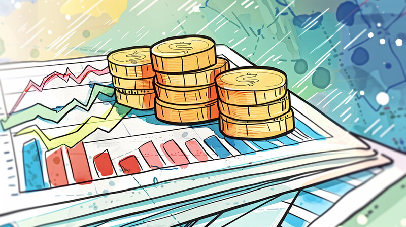 Illustration of stacked gold coins positioned on financial charts and graphs with colorful line trends in background.