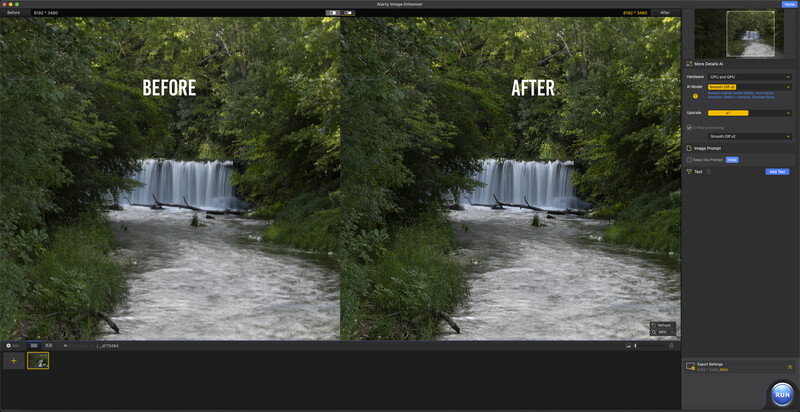 Screenshot of editing software showing before and after comparison of a waterfall landscape photograph.