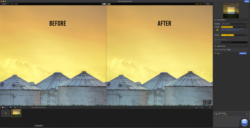 Screenshot of photo editing software showing before and after comparison of grain silos under golden sky.