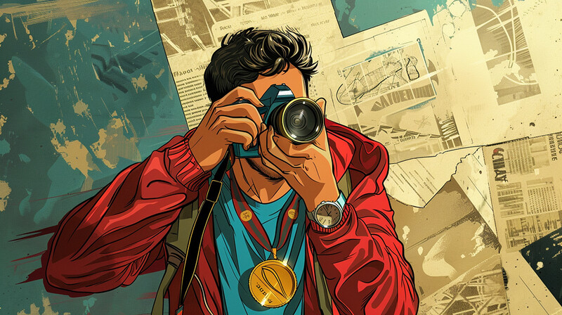Illustration of a photographer holding a vintage camera with a red jacket and medal around their neck.
