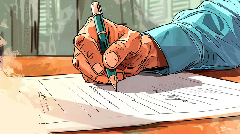 Illustration of a hand holding a pen while writing or signing a document on a desk.