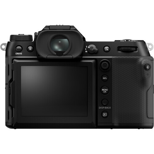 Rear view of a black mirrorless camera body showing LCD screen and control buttons.