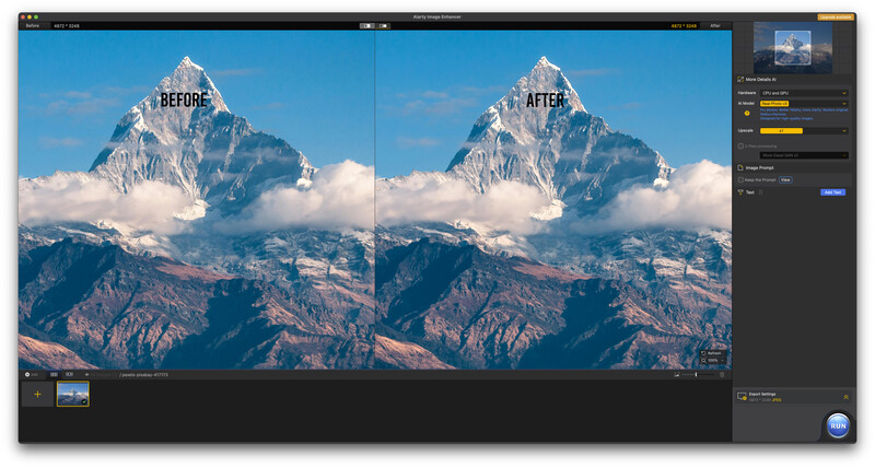 Screenshot of photo editing software showing before and after comparison of a snow-covered mountain peak.