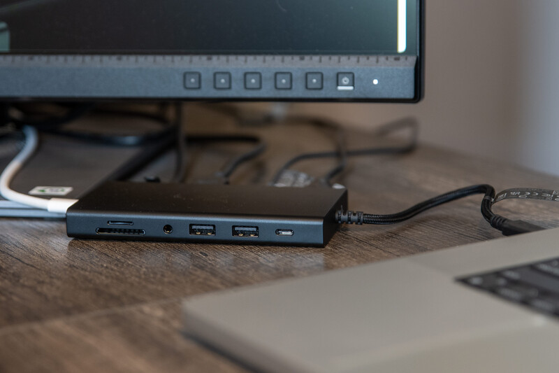 Razer USB C Dock on desk with monitor and computer