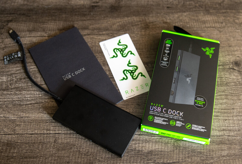 Razer USB C Dock with box and contents of box on display
