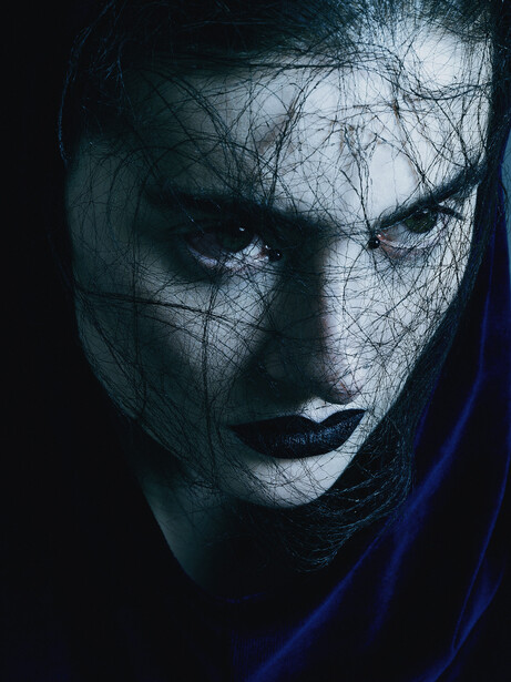 Portrait of a person's face overlaid with fine mesh or veil texture creating shadowed contours.