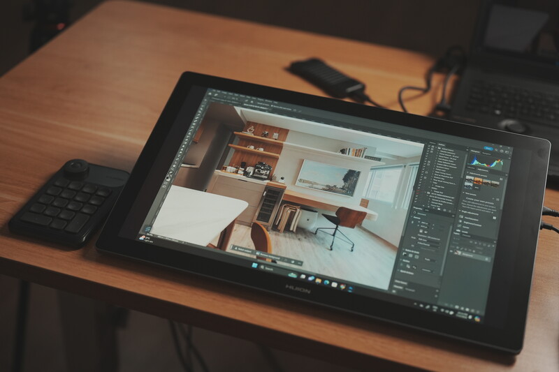 Adobe Lightroom workspace displaying architectural interior photography on tablet display.