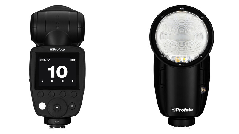 Two Profoto camera flash units shown side by side, displaying front and side profile views.