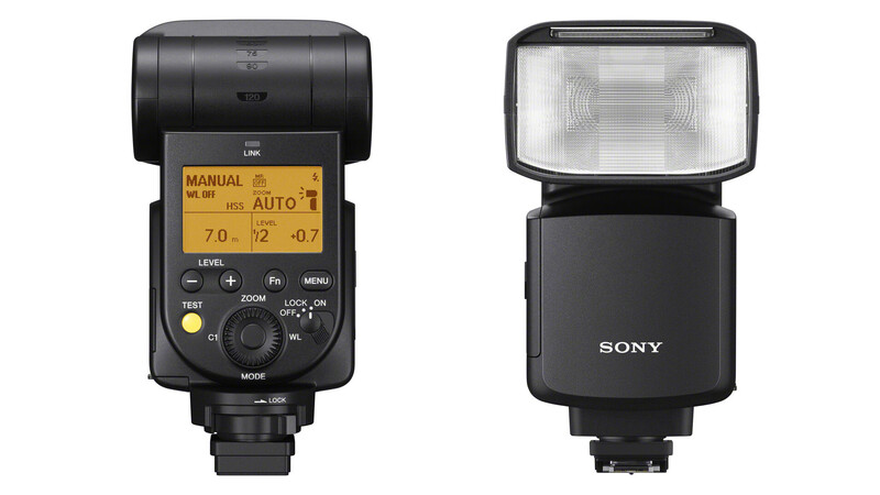 Side-by-side comparison of two camera flash units: a compact model with yellow LCD screen on the left and a Sony flash with white diffuser dome on the right.