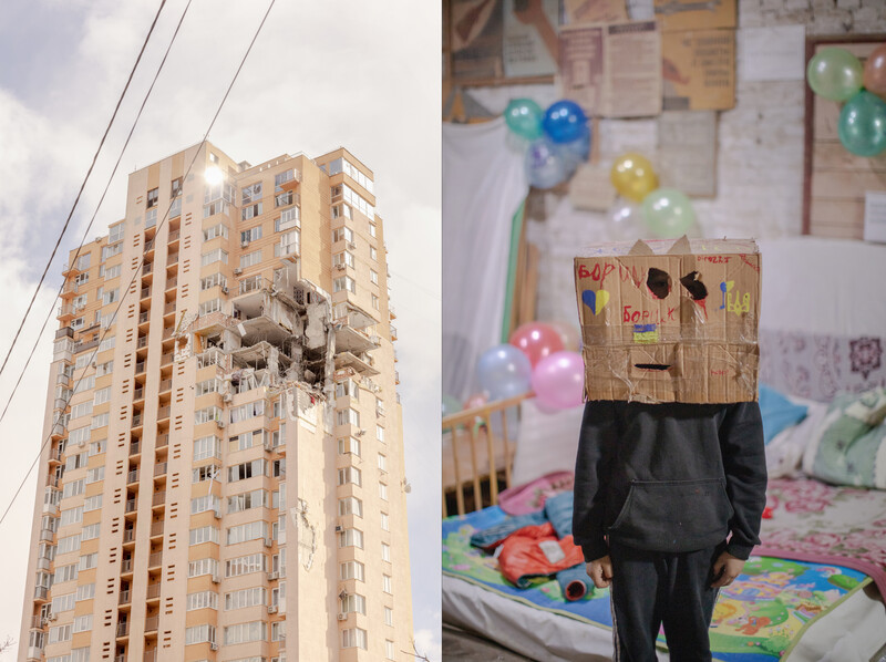 Diptych comparing a damaged apartment building exterior with an interior child's bedroom scene where a figure wears a cardboard box head.