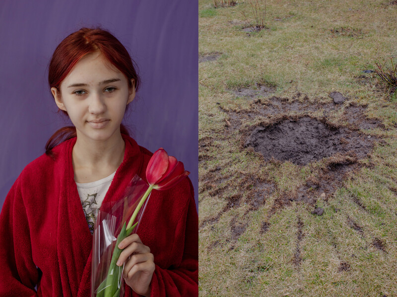 Portrait of a young woman with reddish hair holding a red tulip against a purple background, alongside a photograph of muddy ground terrain.