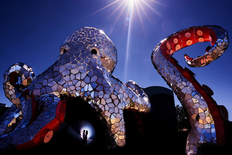 Large illuminated octopus sculptures with intricate mosaic-like patterns against a night sky with bright sunburst lighting.