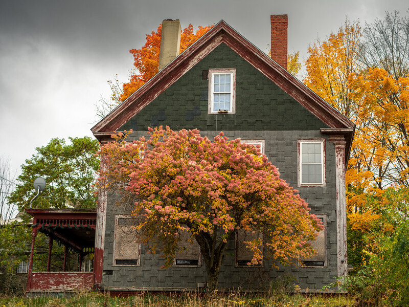 Abandoned dark-sided house with autumn foliage and bare trees under overcast sky.