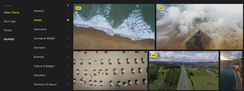 Screenshot of a stock footage browsing interface with category filters and preview thumbnails of aerial and landscape videos.