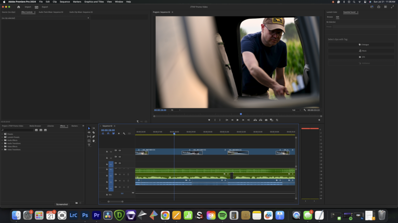 Screenshot of video editing software with timeline showing color-graded footage and monitor displaying outdoor workshop scene.