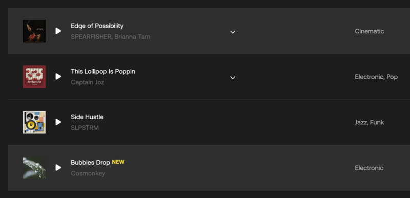 Screenshot of a music streaming playlist showing four tracks with album artwork, titles, artists, and genre tags.