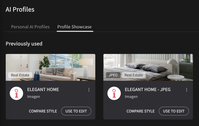 Screenshot of an AI Profiles interface showing two previously used real estate interior design profiles with comparison and editing options.