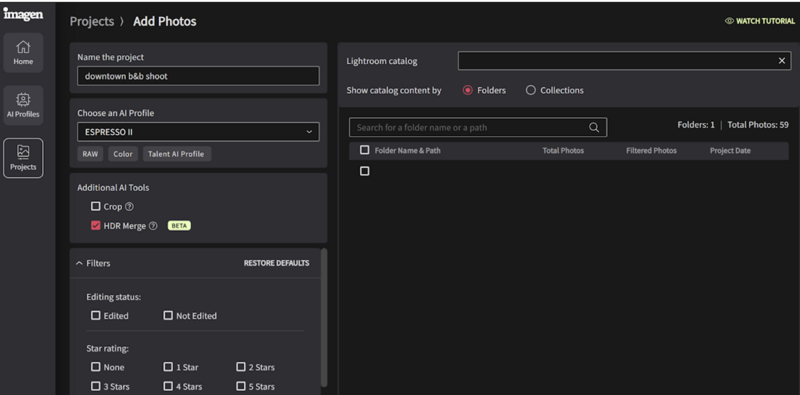 Screenshot of Imagen photo management software showing project setup interface with AI profile selection and editing filters.