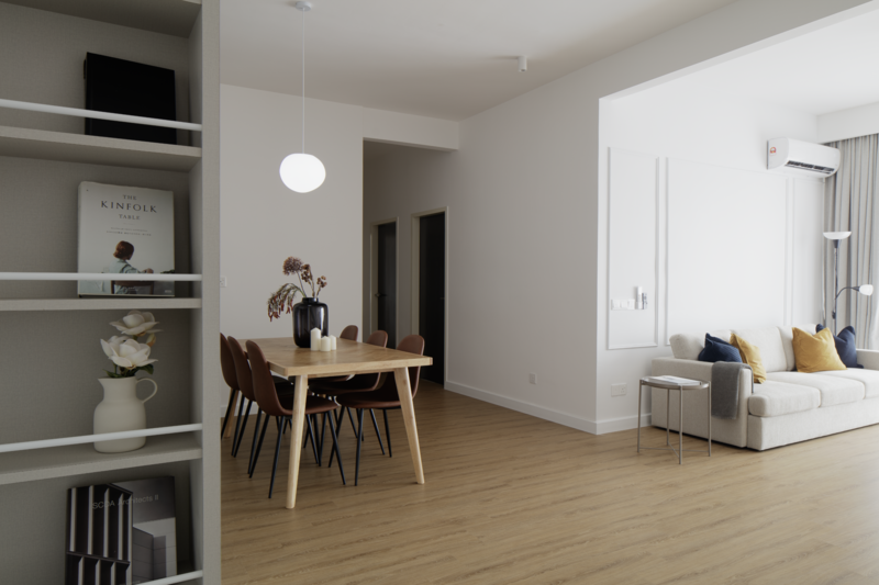 Modern interior design render showing open-plan living space with dining area and bedroom.