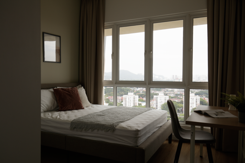 Modern bedroom with floor-to-ceiling windows overlooking a cityscape, minimal furnishings, and warm natural light.