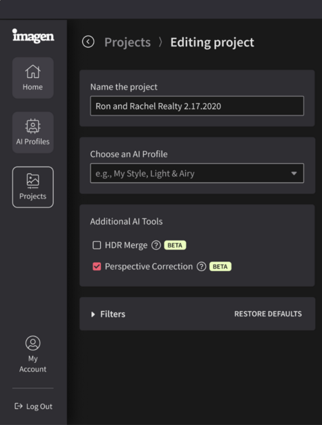 Screenshot of a photo editing software project setup interface with naming, AI profile selection, and tool options.