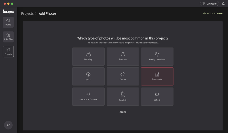 Screenshot of Imagen project setup interface showing nine photo category options including Wedding, Portraits, Family Headshots, Events, Real Estate, Landscapes, Nature, Weddings, and School.