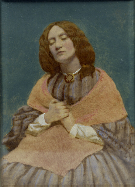 Portrait painting of a woman with reddish-brown hair wearing a tan shawl over a gray dress.