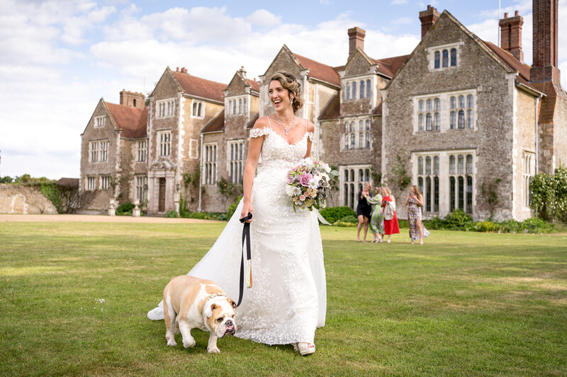 Bride walking outside wedding venue