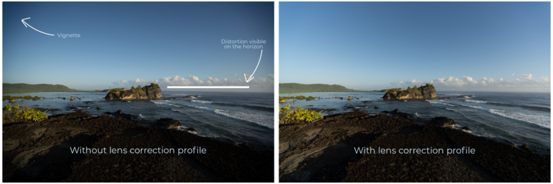 Coastal landscape comparison showing lens distortion correction applied to a wide-angle seascape.